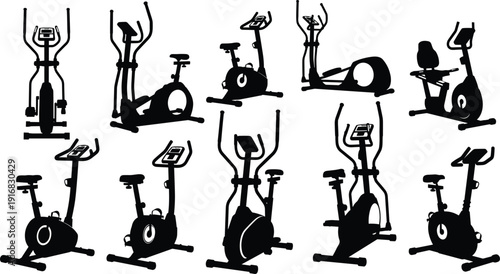 Exercise bike and elliptical trainer silhouettes set, gym cardio fitness equipment collection, workout machine vector illustration for training, health club and home fitness design