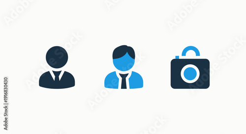 Simple icons illustrating user profiles, professional attire, and a secure briefcase, suitable for representing personnel, clients, or business assets.
