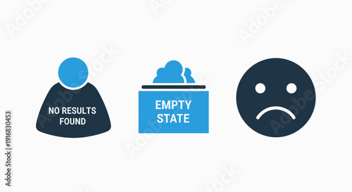 Icons depicting empty states, no results found, and dissatisfaction, representing user interface feedback for searches, forms, or error conditions.