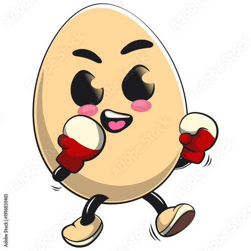 cute egg mascot character practicing boxing wearing boxing glove, isolated vector illustration, work of hand drawn