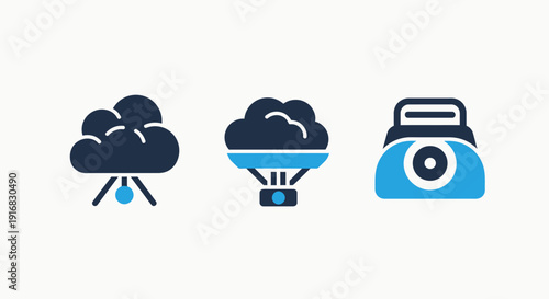 Cloud storage and digital data transfer icons, including cloud upload, cloud computing, and webcam technology.