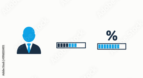 User icon with progress bars indicating loading status, percentage completion, and data processing for business or technology applications.
