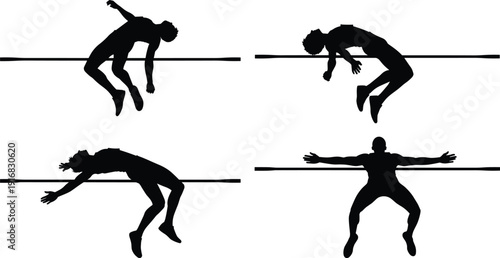 High jump athlete silhouettes collection, track and field sports vector set, athletic performance illustration for competition training, fitness design, and movement analysis