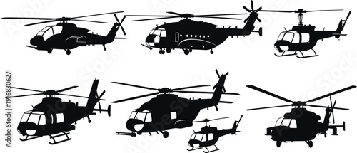 Helicopter silhouettes set, military and rescue chopper aircraft collection, aviation rotorcraft vector illustration for air transport, emergency service and tactical flight design