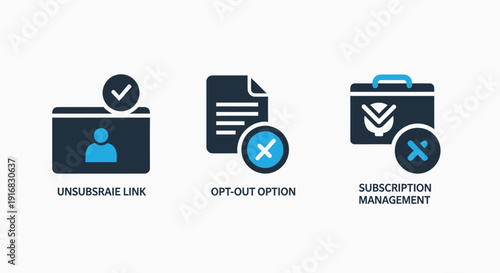 User management icons: unsubscribe link confirmation, opt-out option, and subscription management dashboard.