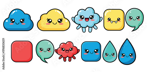 Cute kawaii weather icons happy clouds speech bubbles raindrops and squares for kids fun art