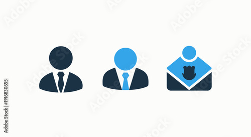 Set of simple icons representing a person, a user profile, and a security badge or shield, symbolizing identity, access, and protection.