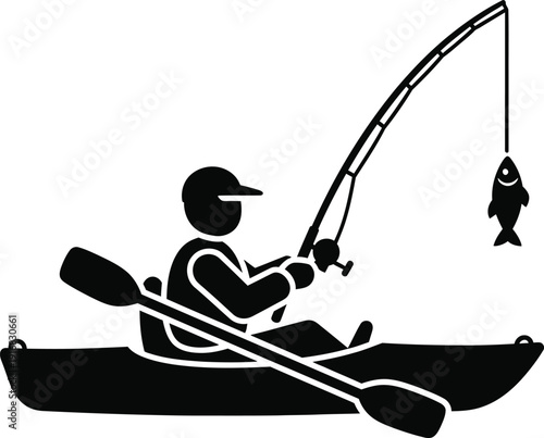 Silhouette Person Fishing From A Kayak With A Hooked Fish Illustration