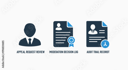 Icons depicting appeal request review, moderation decision logs, and audit trail records, symbolizing legal processes, compliance, and accountability.