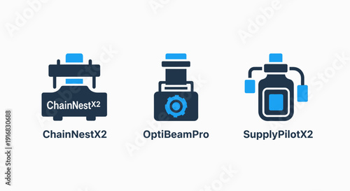 Icons for ChainNestX2, OptiBeamPro, and SupplyPilotX2, representing advanced industrial systems, optimization, and supply chain management solutions.