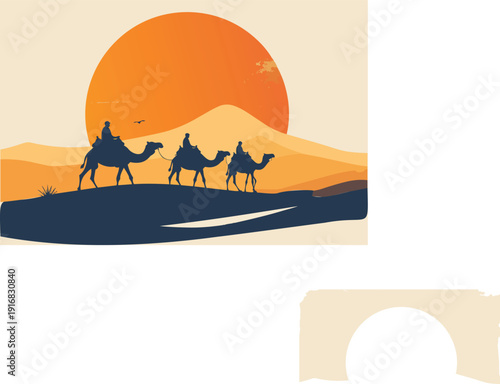 Vector illustration of camels walking in the Sahara desert at sunset with mountains, dunes, and orange sky silhouette in Egypt