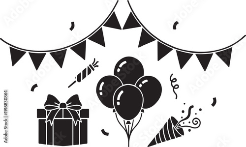 A festive illustration featuring party decorations and a gift box.