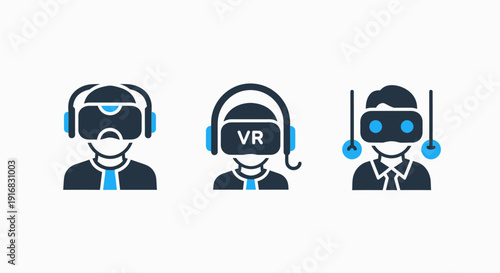 Icons of people wearing VR headsets, representing virtual reality experiences, gaming, and immersive technology.
