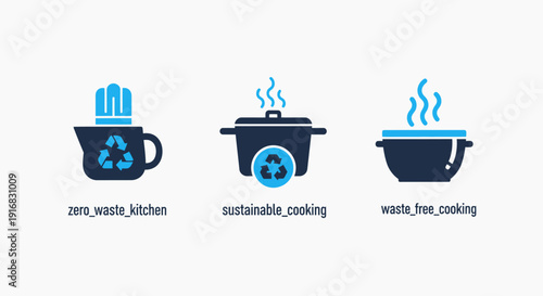 Icons for zero waste kitchen, sustainable cooking, and waste-free meals, promoting eco-friendly food preparation.