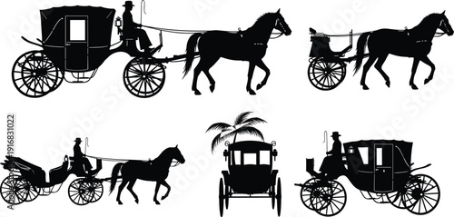 Horse carriage and vintage transport silhouettes collection, historical wagon and coach vector set, classic transportation illustration for retro travel, heritage design, and history themes