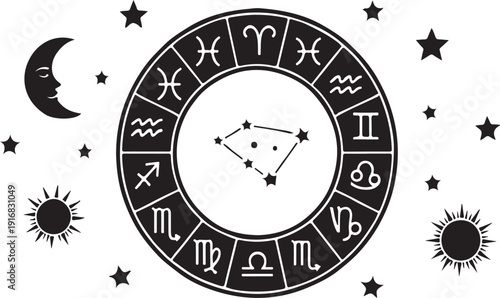 A black and white zodiac wheel surrounded by celestial bodies and stars on a white background.