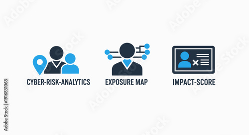 Vector illustration of cybersecurity risk analytics, exposure mapping, and impact scoring concepts for data protection and threat assessment in a digital environment.