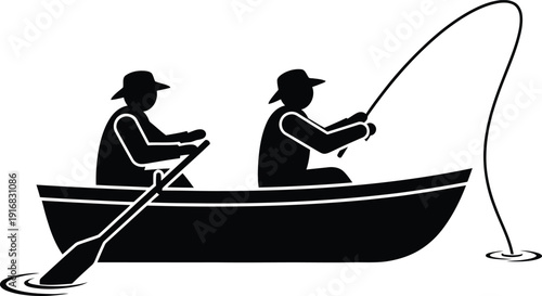 Silhouette Two people fishing and rowing in a small boat on water