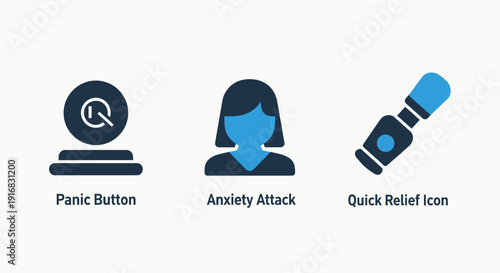 Mental health icons representing panic button, anxiety attack, and quick relief, flat design, blue and dark blue on white.