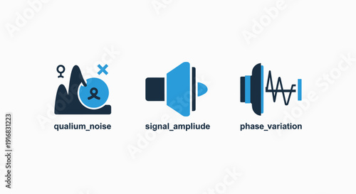 Quantum technology icons: noise, signal amplitude, and phase variation, flat design, blue and dark blue on white background.