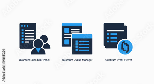Quantum computing icons: scheduler, queue manager, and event viewer, flat design, blue and dark blue on white background.