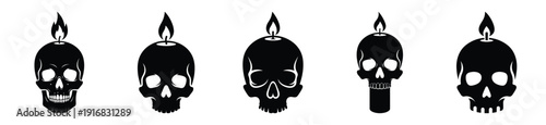 Collection of Happy Halloween skull candle silhouette icon set. Vector illustration on white background.