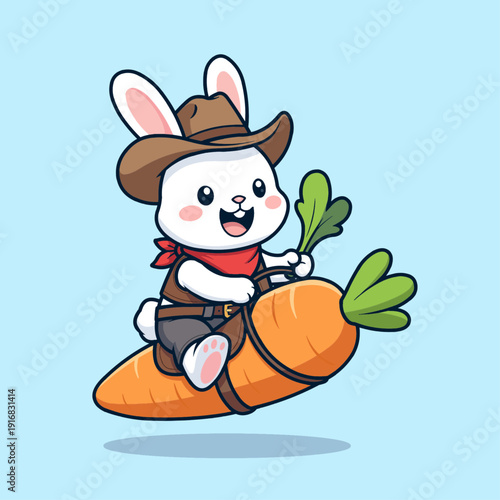 A playful vector illustration featuring a cute cowboy rabbit riding a giant carrot like a horse.