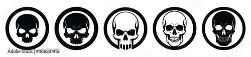 Collection of Happy Halloween skull circle emblem silhouette icon set. Vector illustration on white background.