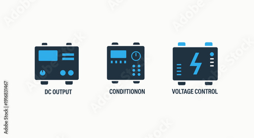 Electronic device icons for DC output, condition, and voltage control, representing power supply and electrical engineering.