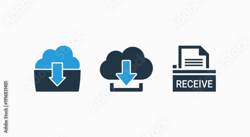 Cloud download and file receive icons, symbolizing data transfer, storage, and document management in the digital space.