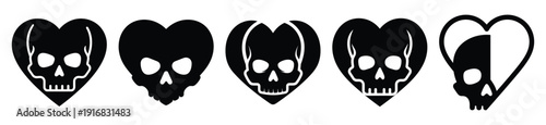 Collection of Happy Halloween skull heart silhouette icon set. Vector illustration on white background.