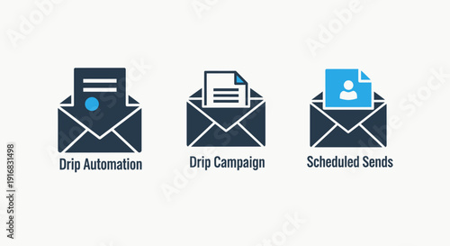 Email marketing icons: Drip automation, campaign, scheduled sends for digital communication and business.