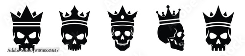 Collection of Happy Halloween skull with crown silhouette icon set. Vector illustration on white background.