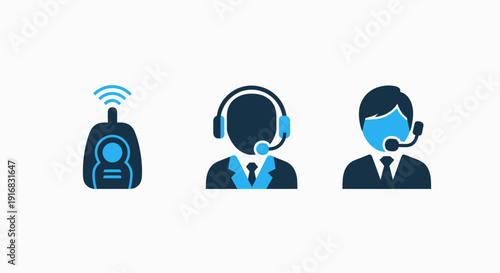 Customer support icons with headsets and remote control device symbolizing communication, service, and connectivity in a business context.