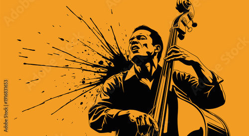 Man passionately playing double bass with energetic expression.