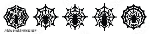 Collection of Happy Halloween spider and web silhouette icon set. Vector illustration on white background.