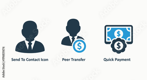 Icons illustrating peer-to-peer money transfer, quick payments, and contact-based transactions for finance.