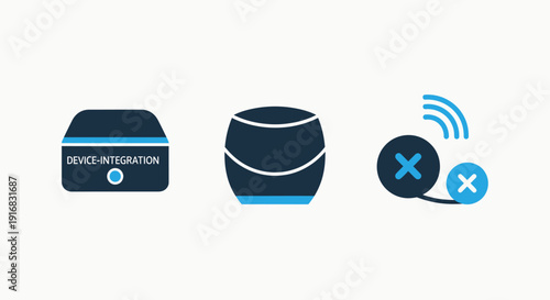 Icons showing device integration, smart home devices, and wireless connectivity with exclusion, symbolizing technology and connections.