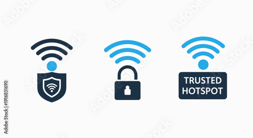 Icons symbolizing secure and trusted Wi-Fi hotspots, emphasizing internet safety and reliable connectivity.