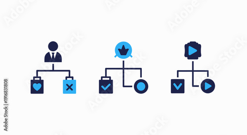 Conceptual icons illustrating customer choice, product selection, and task completion, representing business processes and decision-making.