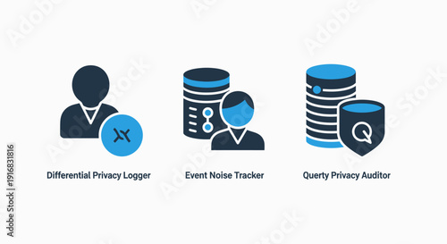 Set of conceptual icons for privacy and data management technologies including differential privacy, event tracking, and auditing.
