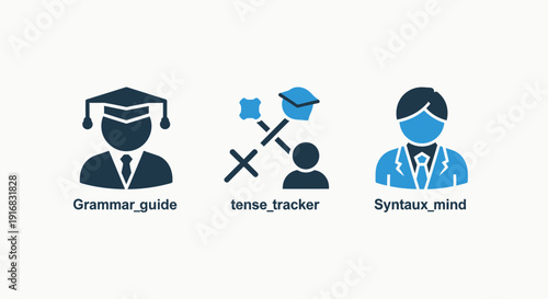 Icons representing academic concepts: a graduation cap for grammar, abstract elements for tense tracking, and a suited figure for syntax.