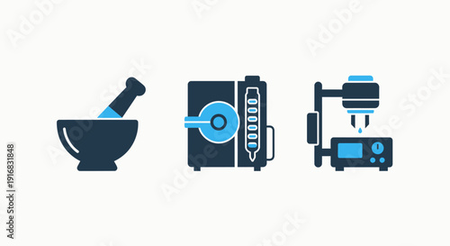 Icons representing pharmaceutical and scientific equipment: mortar and pestle for compounding, a titration machine, and a precision dispensing apparatus.