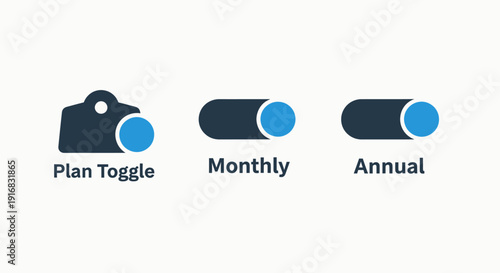 User interface elements representing plan selection: a toggle switch for plan options, and buttons for monthly or annual subscriptions.