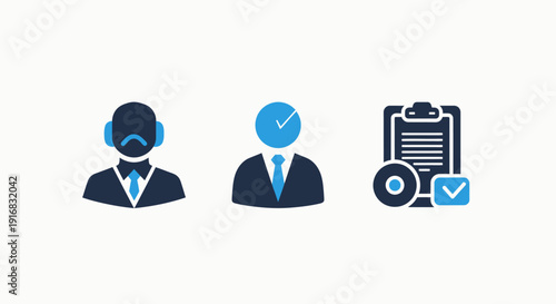 Business icons: support agent with headset, time management with clock face, and task completion checklist for customer service and productivity.