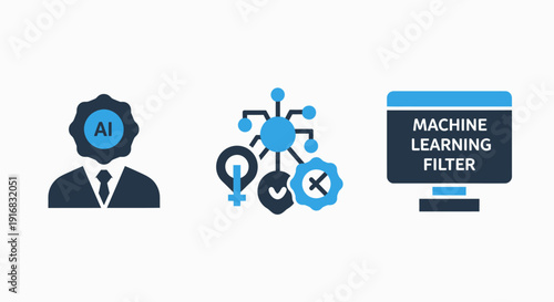 AI and technology icons: artificial intelligence profile, machine learning filter, and data network for modern digital solutions and intelligent systems.