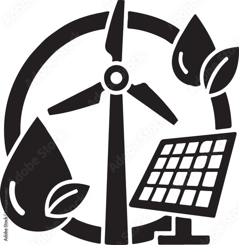 Renewable energy sources represented by wind turbine and solar panel