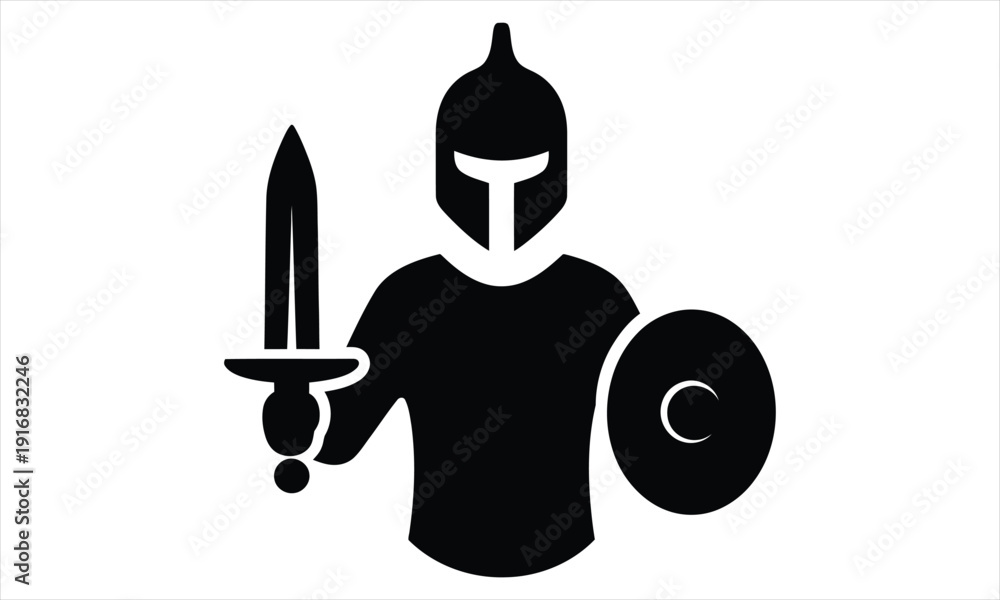 Obraz premium Black silhouette of a medieval knight warrior with a sword and shield on white background