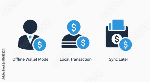 Digital Financial Transactions and Offline Wallet Mode: Local Payments, Sync Later Functions, and Money Management Icons for Banking and E-commerce
