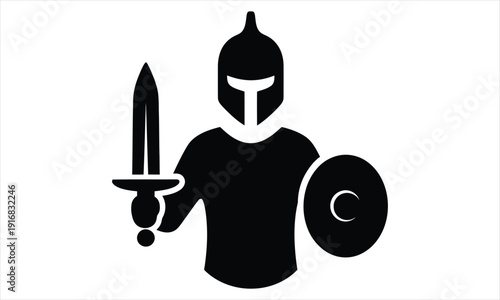 Black silhouette of a medieval knight warrior with a sword and shield on white background